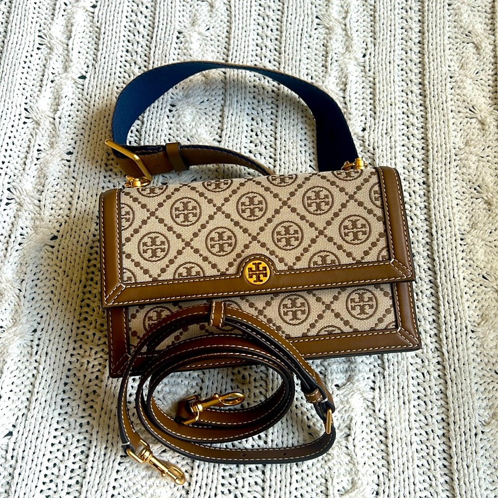 Tory Burch Beige Logo Canvas Crossbody with Brown Trim and Navy Strap